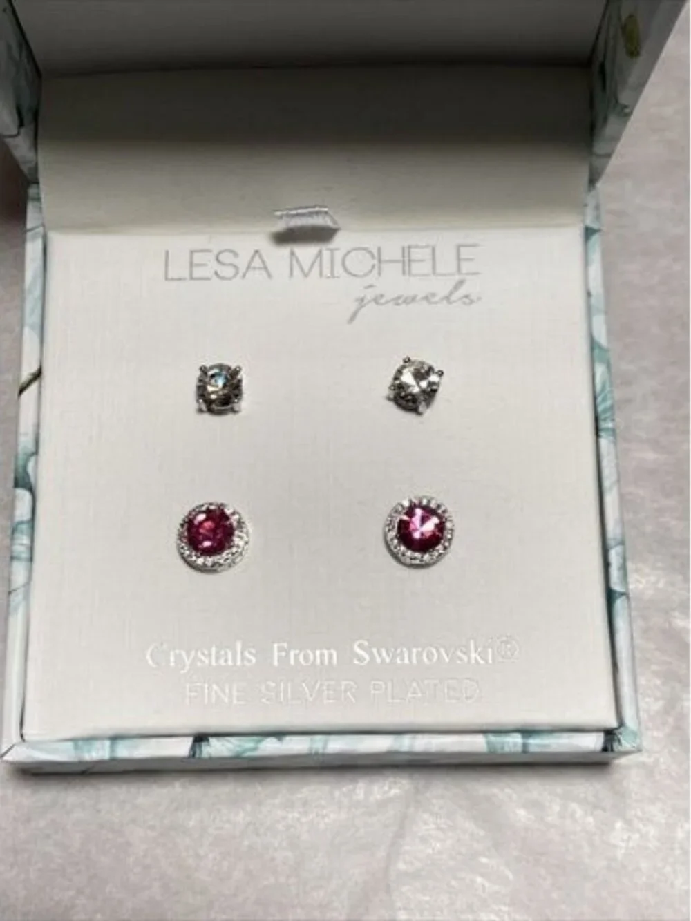 lesa michele swarovski earrings stud silver plated pink round set